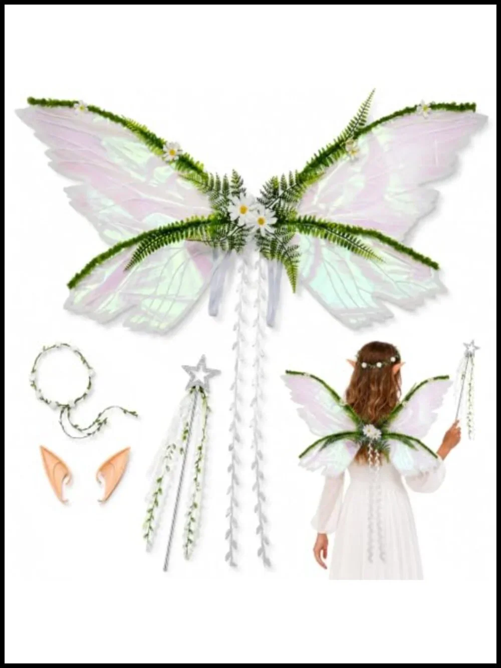 4PC Fairy Costume Set - Wings Elf Ears Flower Crown Wand Sparkly Organza